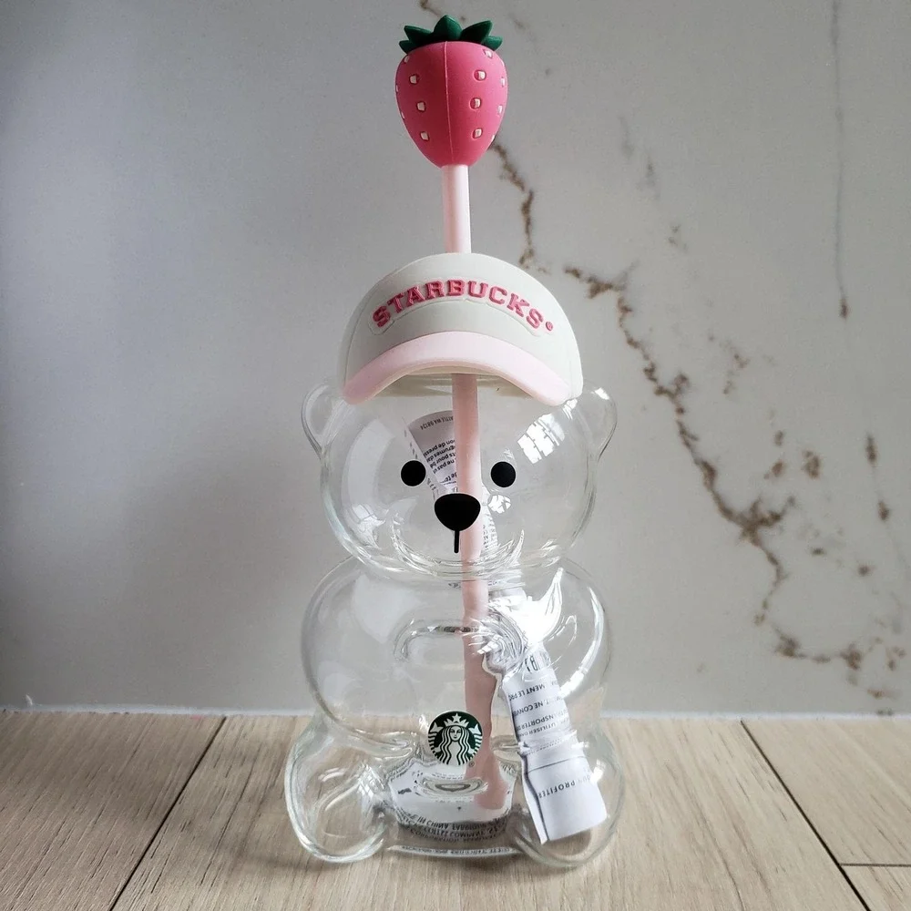 Starbucks Bearista Glass Pink Drink Bear Tumbler Strawberry Straw Cup 20oz